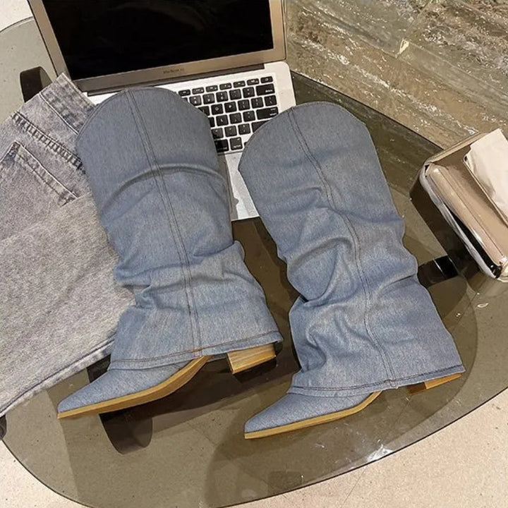 Denim Cowgirl Boots for Women - Slouchy Western Knee High Boots