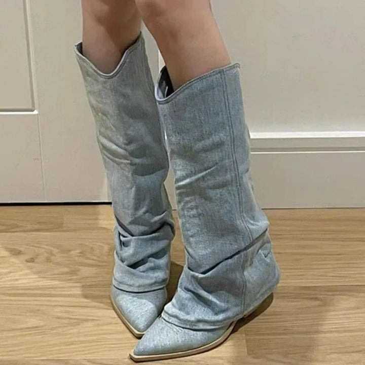 Denim Cowgirl Boots for Women - Slouchy Western Knee High Boots