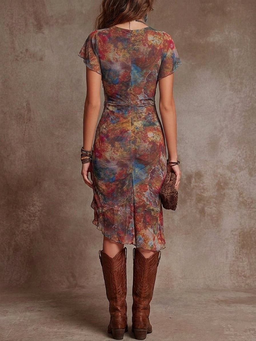 Bohemian Midi Dress with Abstract Print and Pleated Bodice