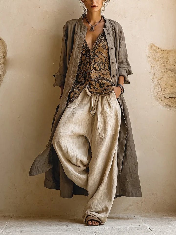 Linen Cotton 3-Piece Set - Wide Leg Pants Top Cardigan