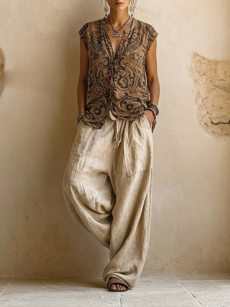 Linen Cotton 3-Piece Set - Wide Leg Pants Top Cardigan