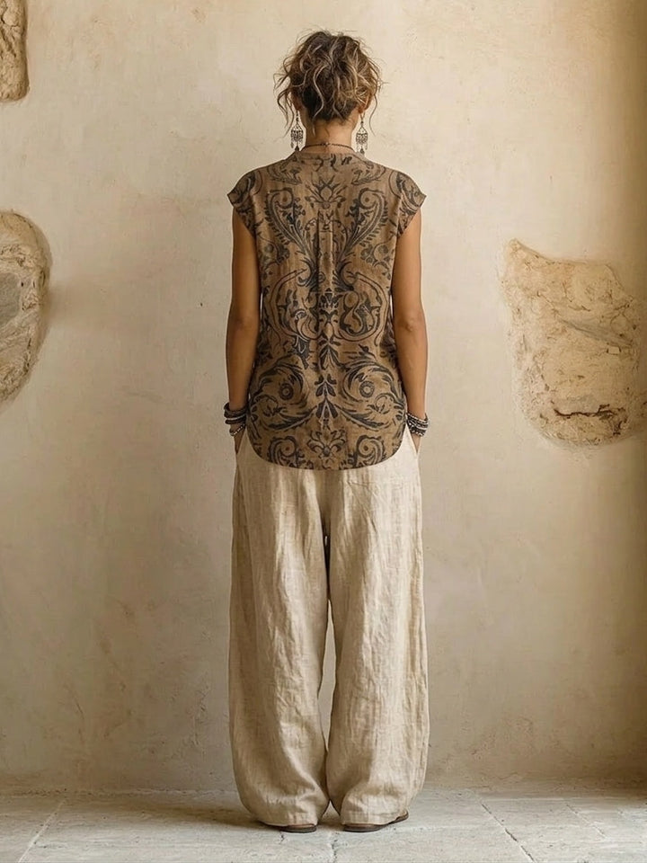 Linen Cotton 3-Piece Set - Wide Leg Pants Top Cardigan