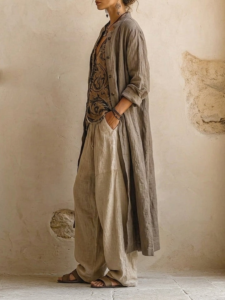 Linen Cotton 3-Piece Set - Wide Leg Pants Top Cardigan