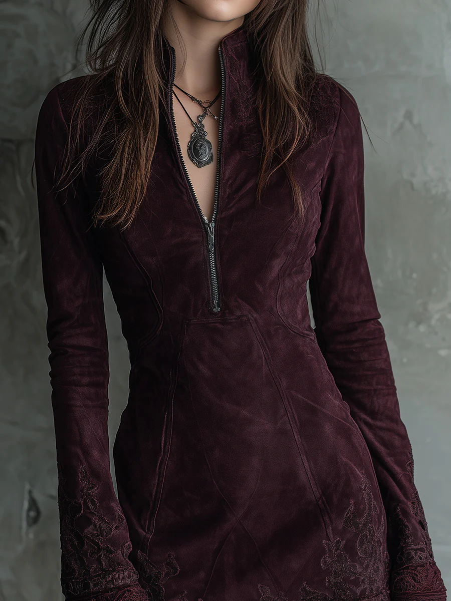 Vintage Suede Midi Dress - Bohemian Style for Women