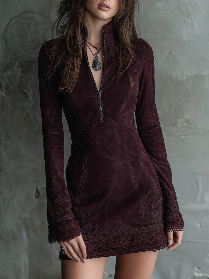 Vintage Suede Midi Dress - Bohemian Style for Women