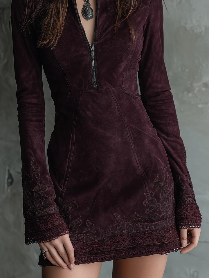 Vintage Suede Midi Dress | Bohemian Long Sleeve Dress
