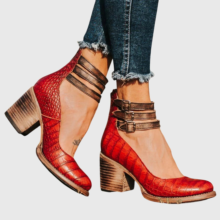 Women's Cutout Ankle Boots with Buckle Straps and Block Heel