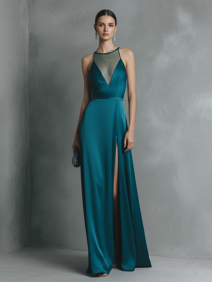 Satin Maxi Dress with High Slit and Illusion Halter Neckline