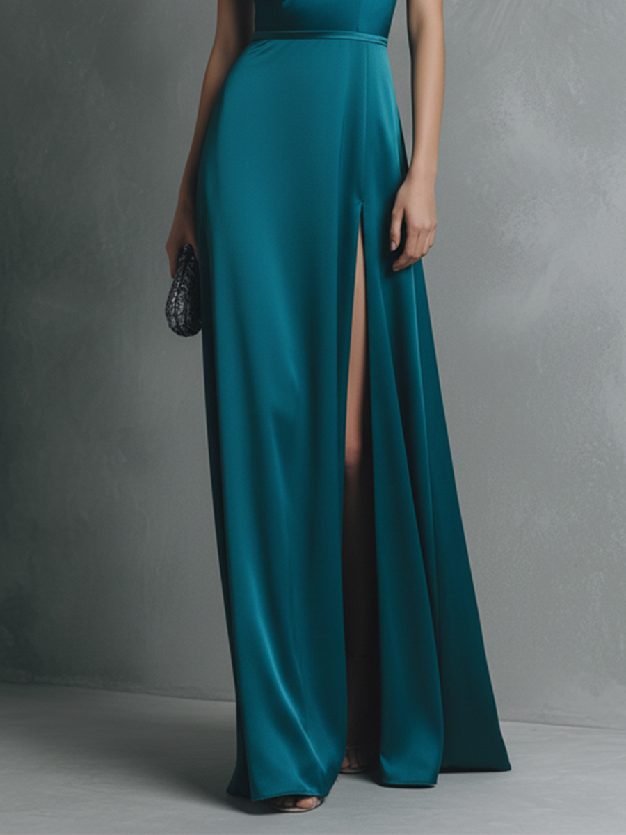 Satin Maxi Dress with High Slit and Illusion Halter Neckline