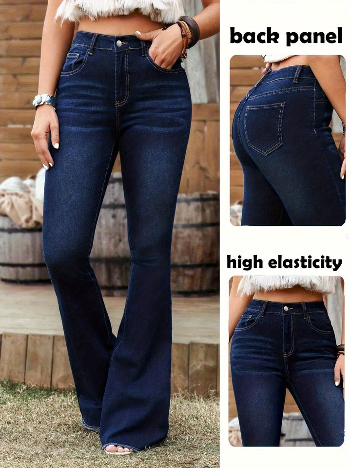 High Waisted Flare Jeans for Women Dark Blue Stretch Denim