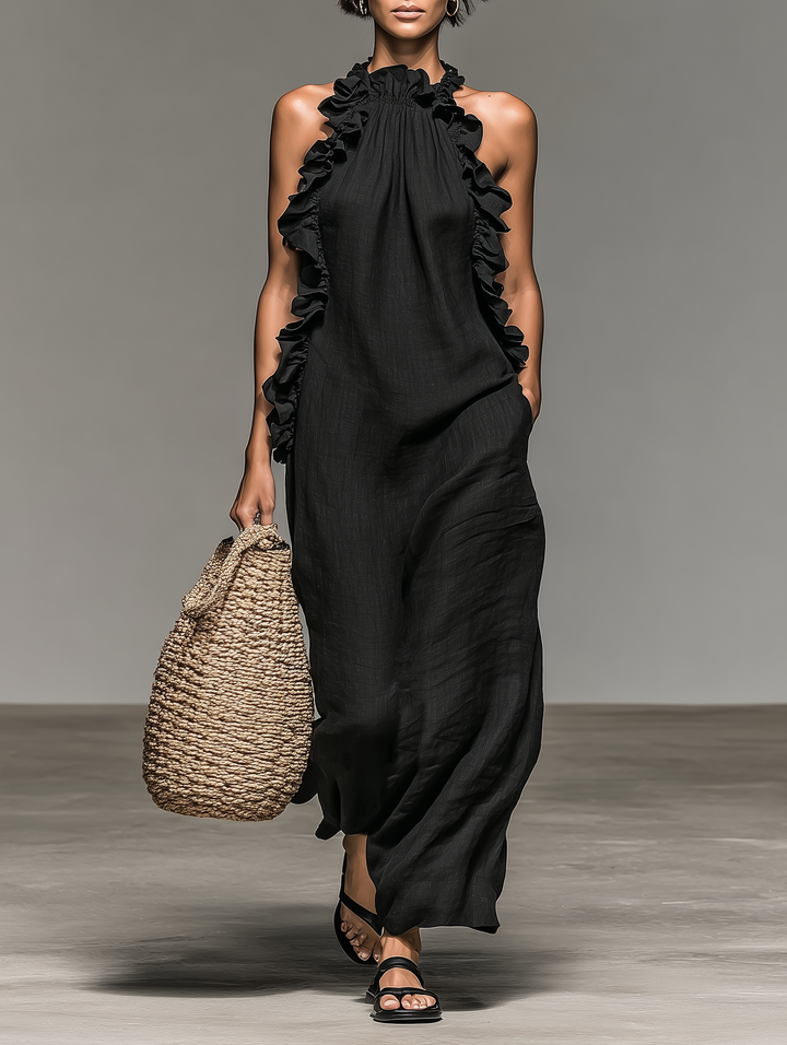 Linen Maxi Dress with Ruffle Detail for Women