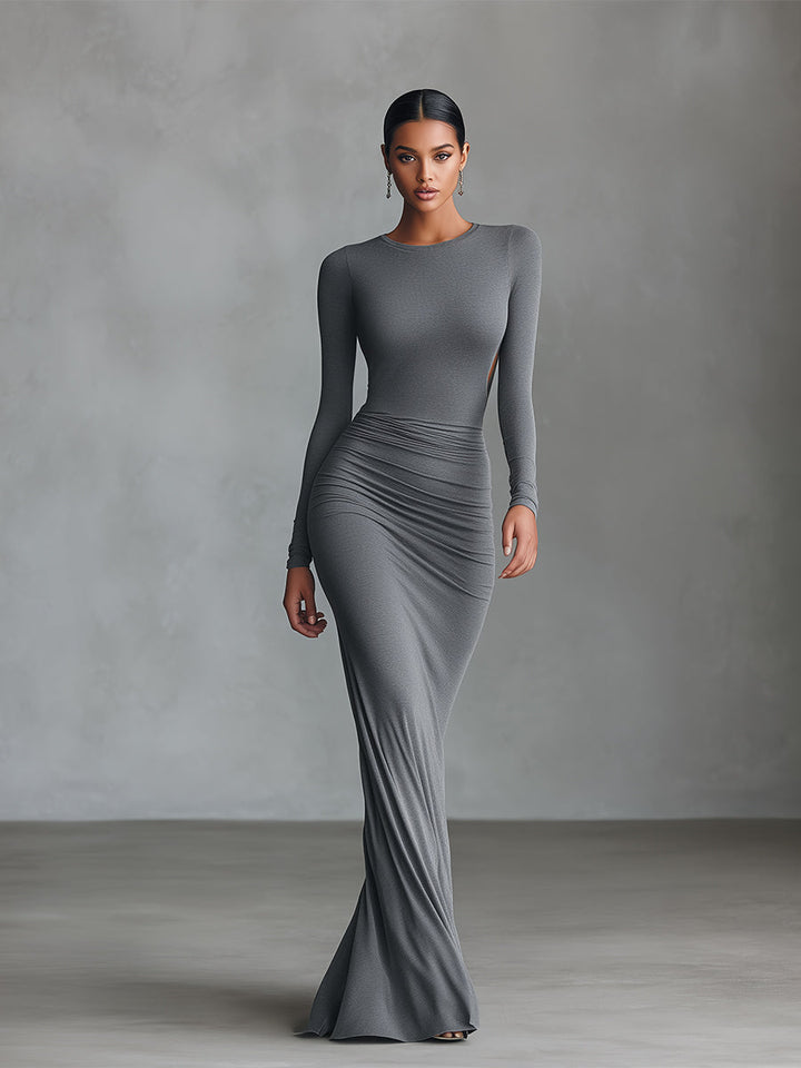 Grey Maxi Dress with Ruched Detail and Open Back for Women