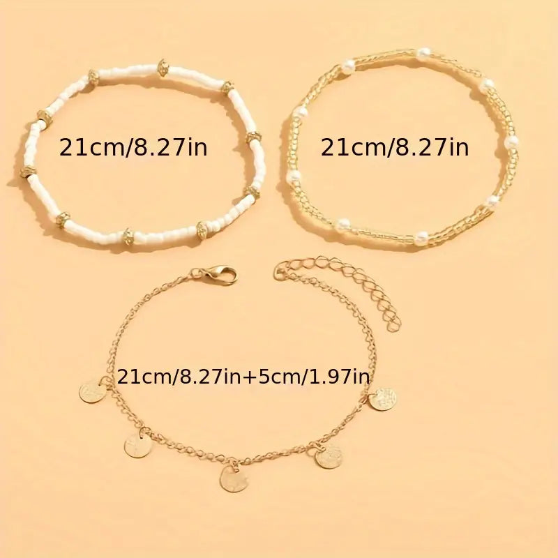 Gold Layered Anklet Set - 3 Piece Coastal Beach Ankle Bracelets