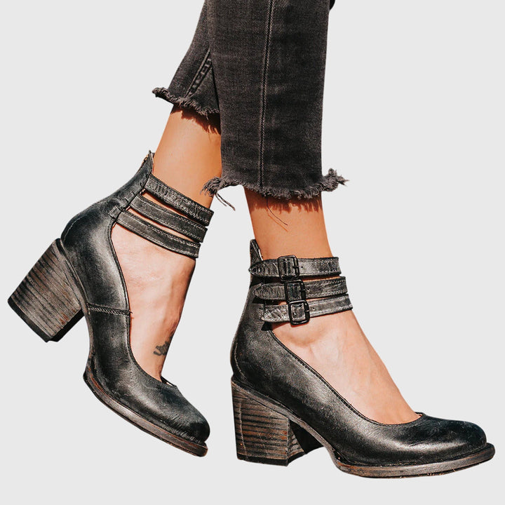 Women's Cutout Ankle Boots with Buckle Straps and Block Heel