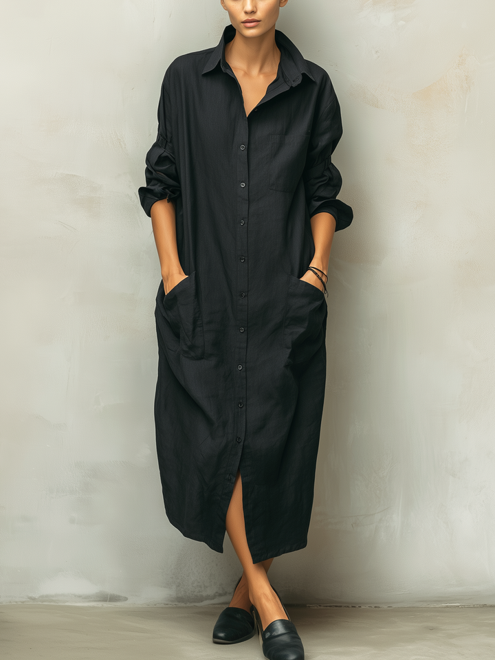 Black Linen Shirt Dress Long Sleeve for Women