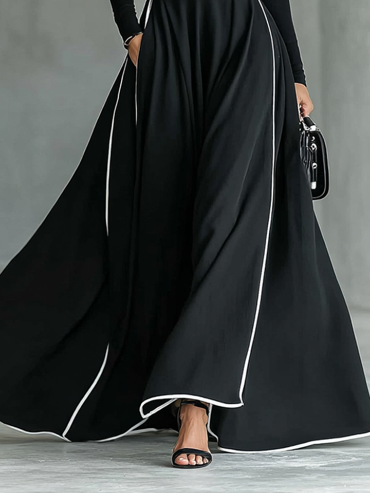 Black Maxi Dress with White Trim and Belted Waist