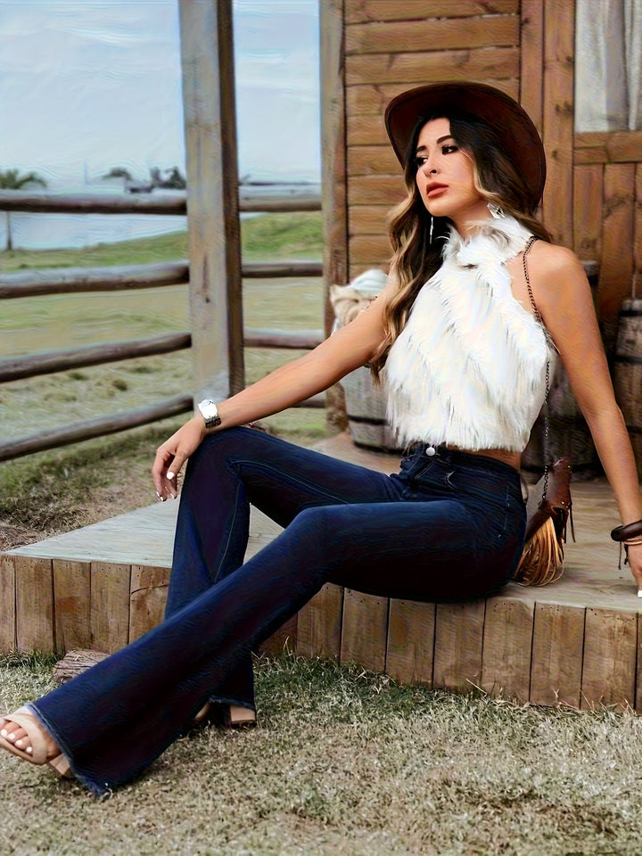 High Waisted Flare Jeans for Women Dark Blue Stretch Denim