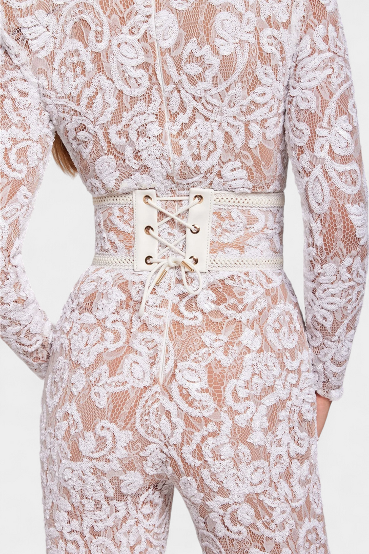Sequined Lace Jumpsuit with Corset Belt for Evening Events
