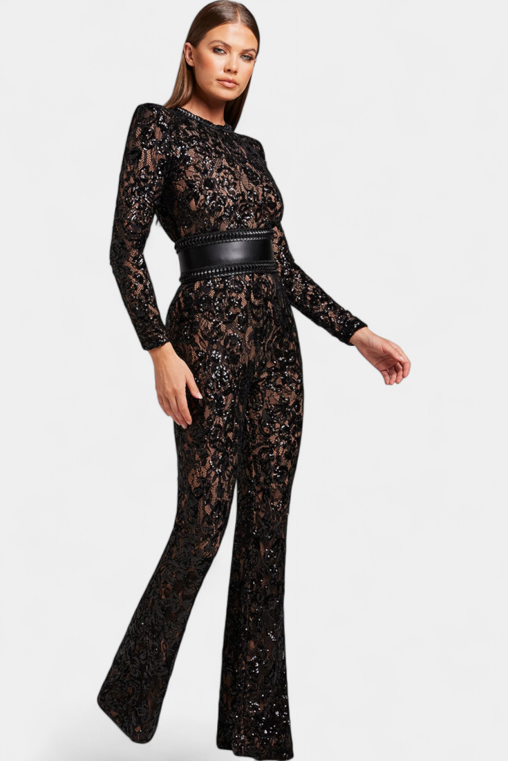Sequined Lace Jumpsuit with Corset Belt for Evening Events