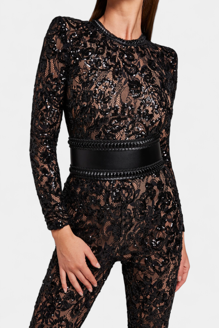 Sequined Lace Jumpsuit with Corset Belt for Evening Events