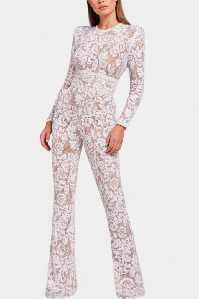 Sequined Lace Jumpsuit with Corset Belt for Evening Events