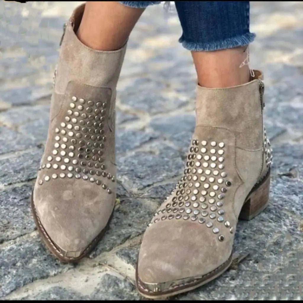 Brown Ankle Boots with Studded Detail and Block Heel