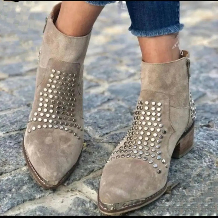 Brown Ankle Boots with Studded Detail and Block Heel