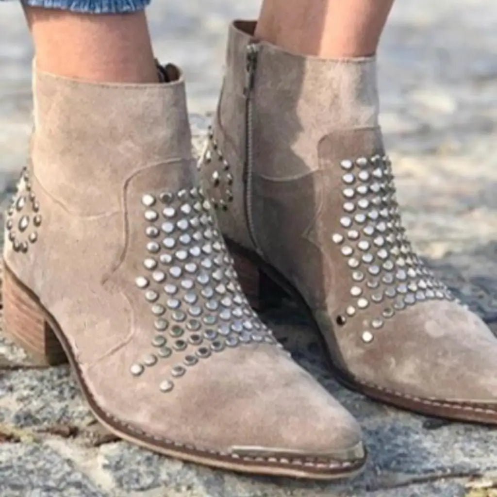 Brown Ankle Boots with Studded Detail and Block Heel