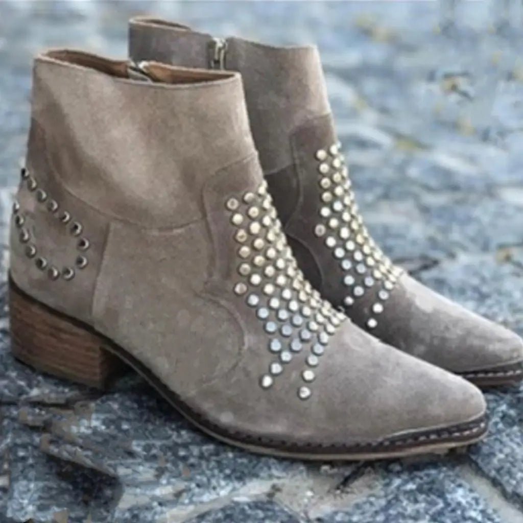 Brown Ankle Boots with Studded Detail and Block Heel