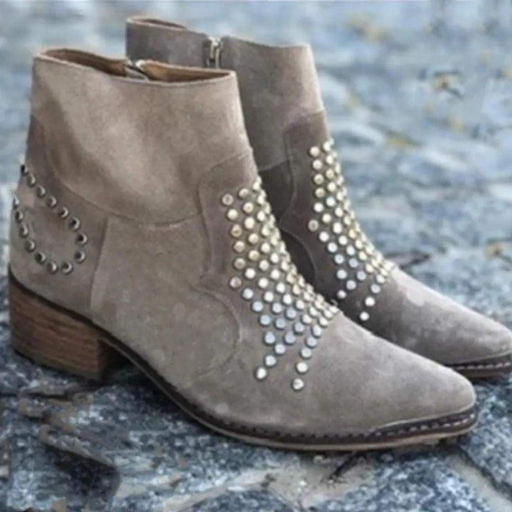 Brown Ankle Boots with Studded Detail and Block Heel