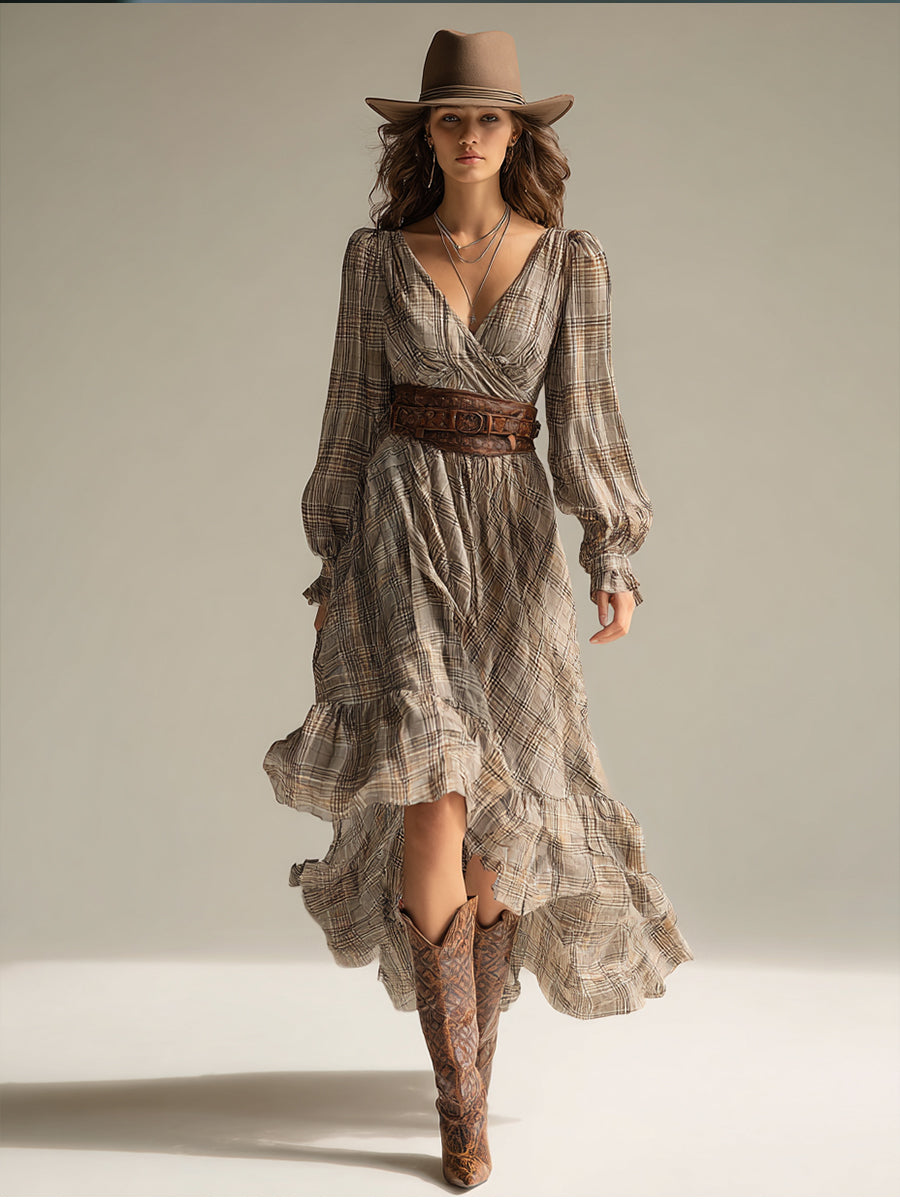 Plaid Midi Dress with Ruffles - Flowy Chiffon Bohemian Style