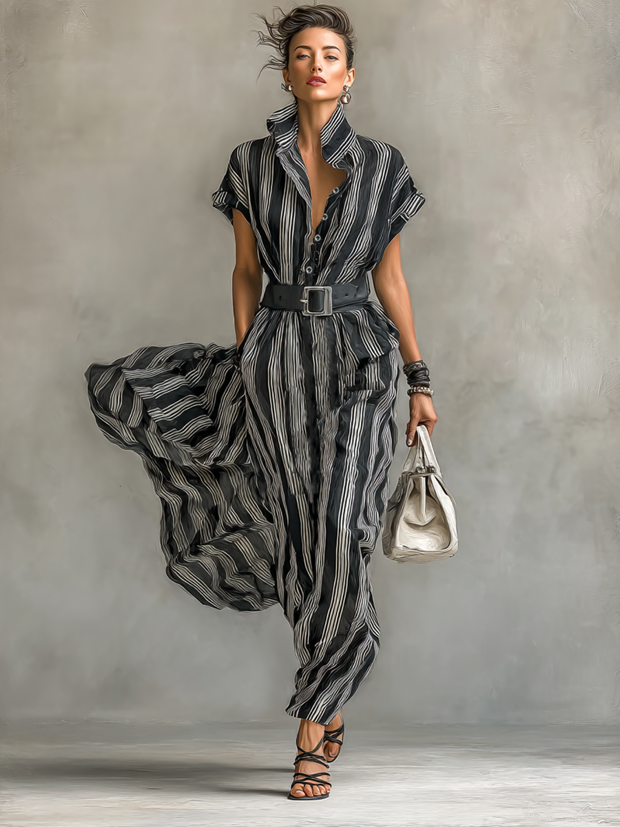 Striped Maxi Dress with Collar and Short Sleeves