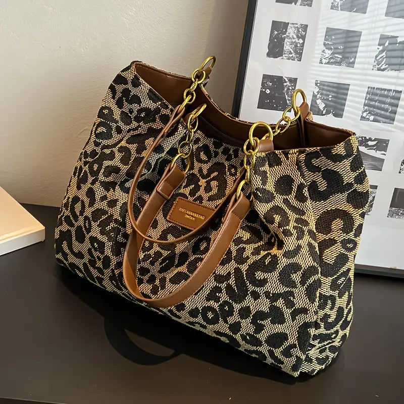 Leopard Print Tote Bag With Chain Straps For Women
