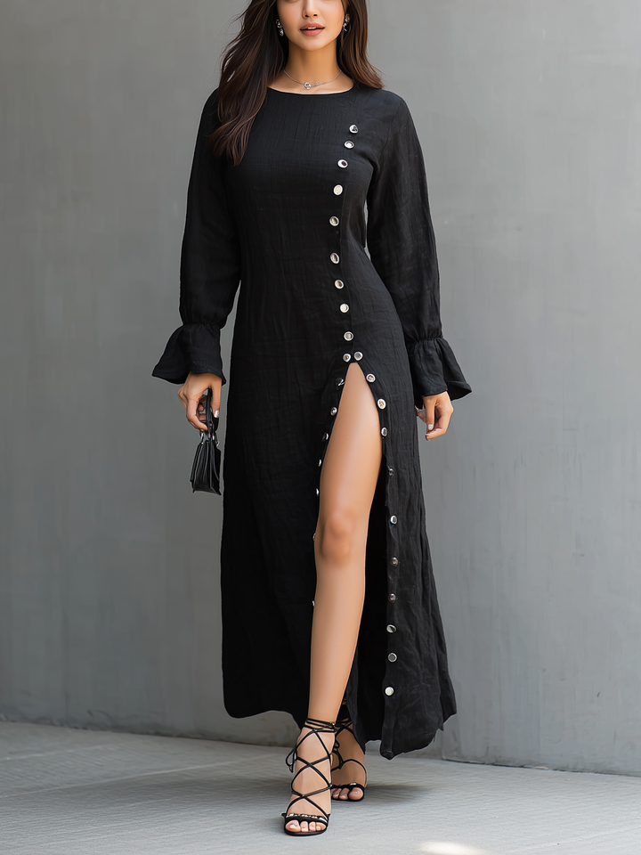 Black Linen Maxi Dress Long Sleeve with Side Slit