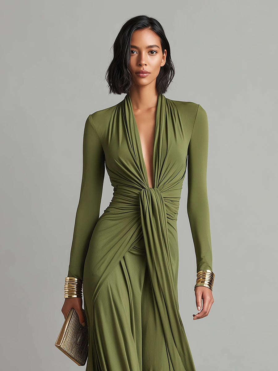 Olive Maxi Dress with Deep V-Neck and Ruched Detail