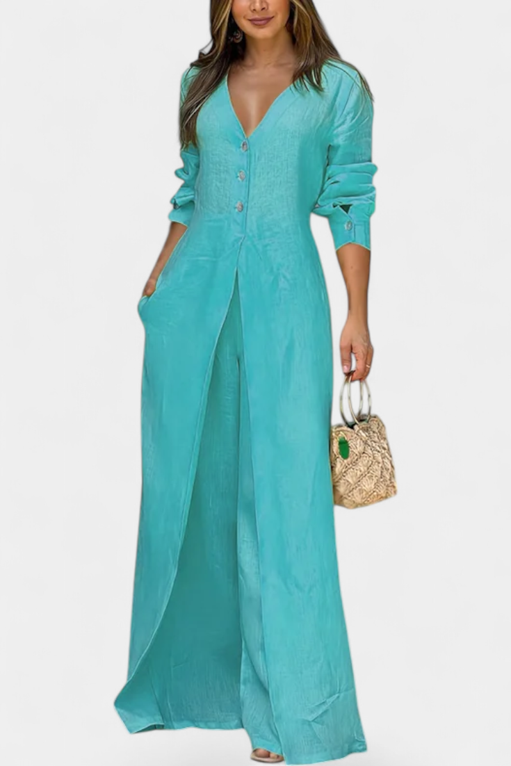 V-Neck Jumpsuit for Women with Wide Leg and Front Slit