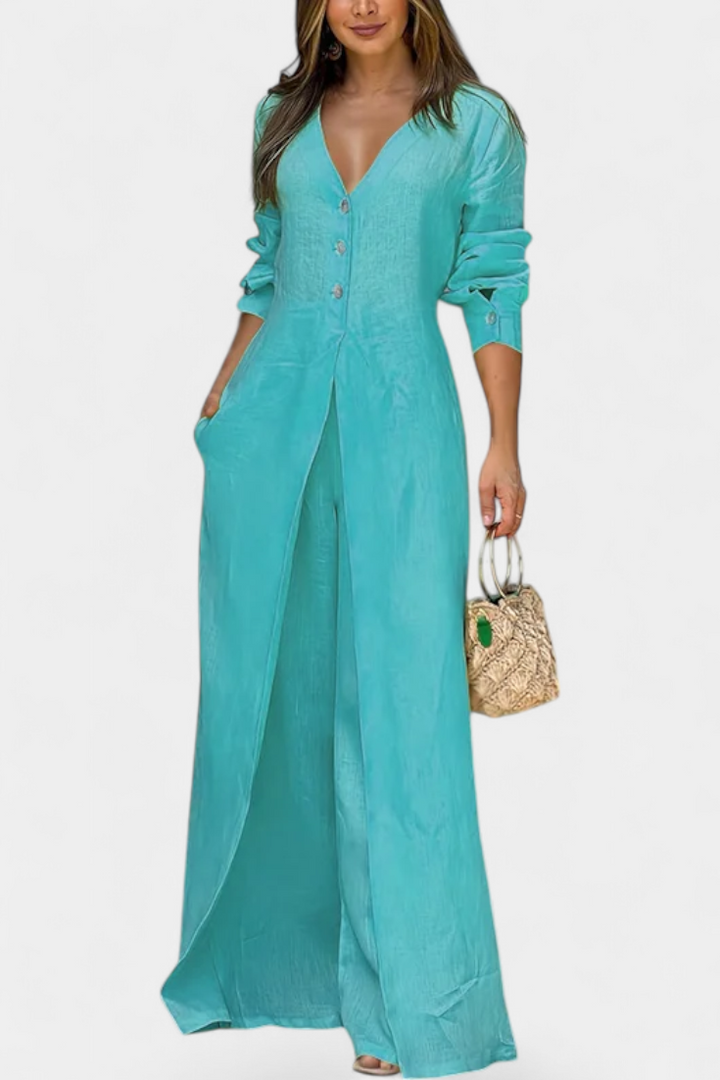 V-Neck Jumpsuit for Women with Wide Leg and Front Slit