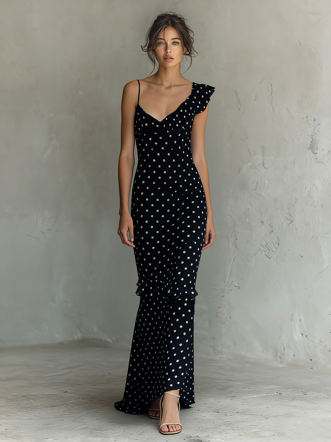 Polka Dot Maxi Dress Chiffon Sleeveless V-Neck Summer Dress