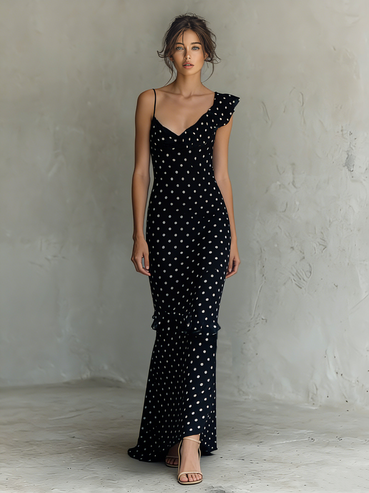 Polka Dot Maxi Dress Chiffon Sleeveless V-Neck Summer Dress