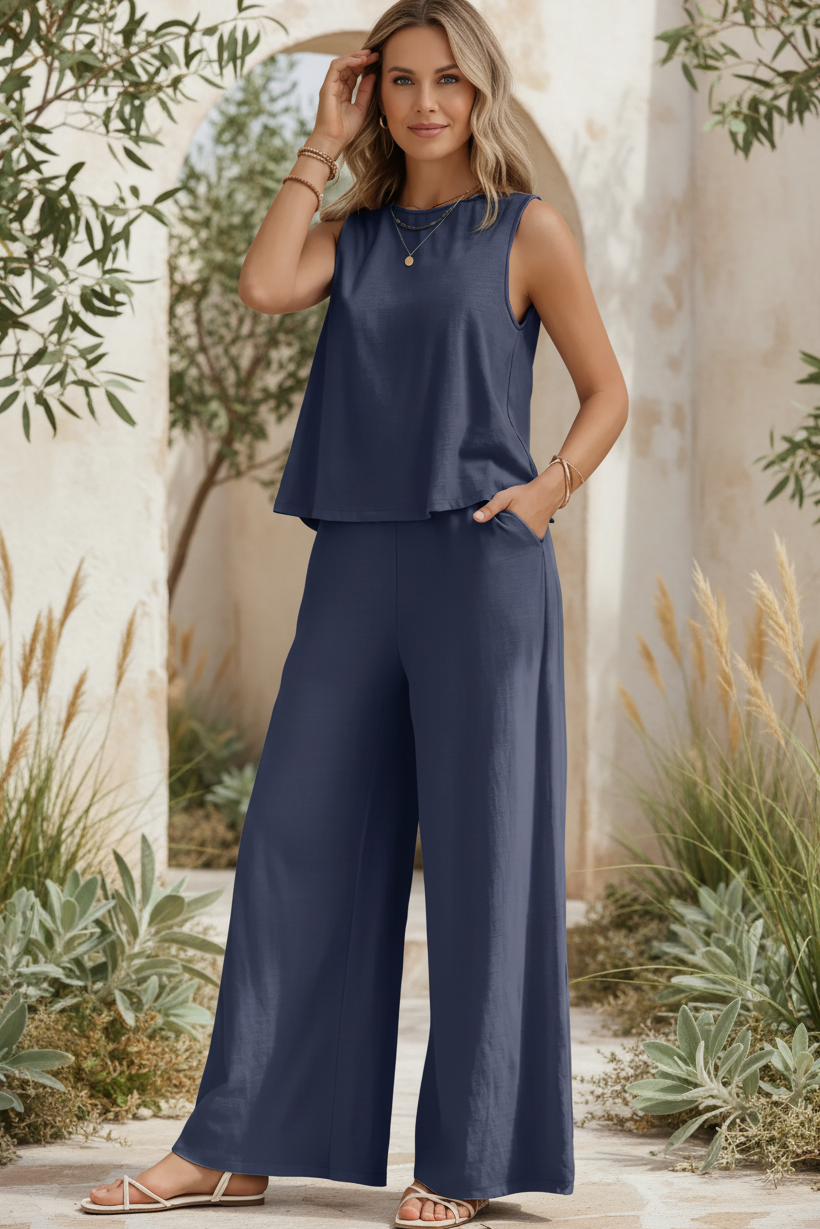 Two Piece Set for Women - Sleeveless Top and High Waisted Pants