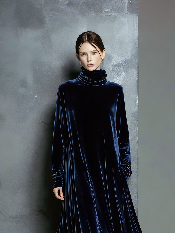 Navy Velvet Maxi Dress - Long Sleeve High Neck Elegant Evening Gown