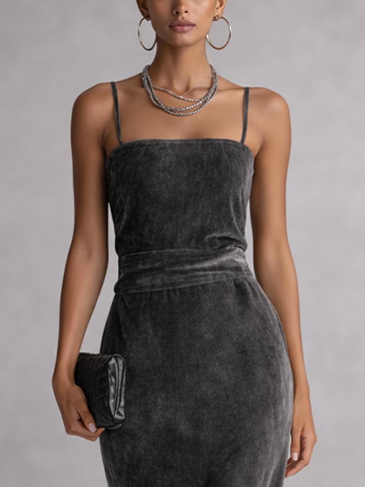 Velvet Maxi Dress Square Neck High Waist Grey Evening Gown