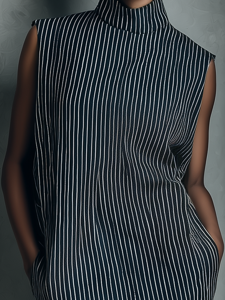 Striped Sleeveless Mini Dress with Pockets Navy Linen Blend