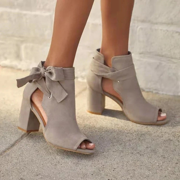 Peep Toe Ankle Boots for Women with Block Heel and Tie Detail
