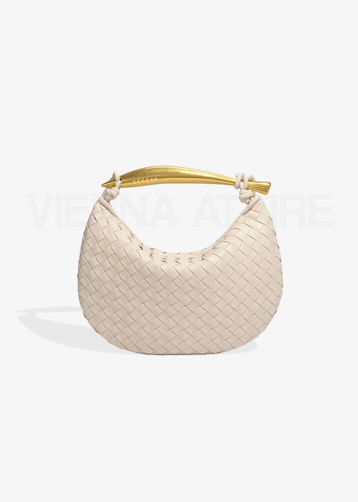 Woven Evening Bag with Gold Handle | Elegant Vegan Leather Handbag