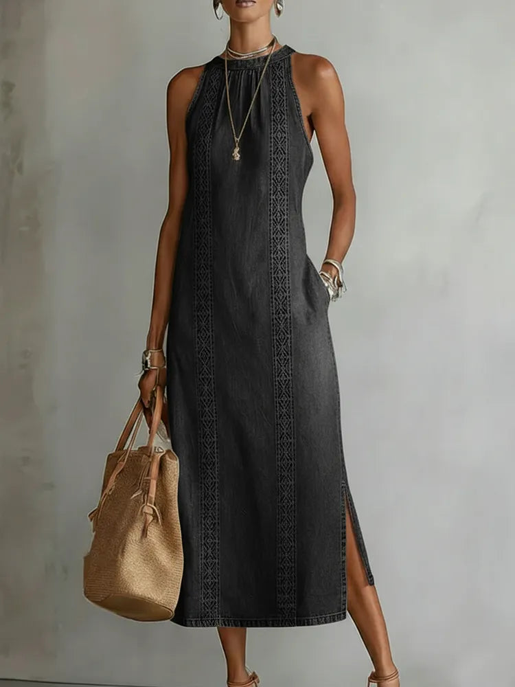 Denim Dress with Lace Detail | Retro Button Front Dress