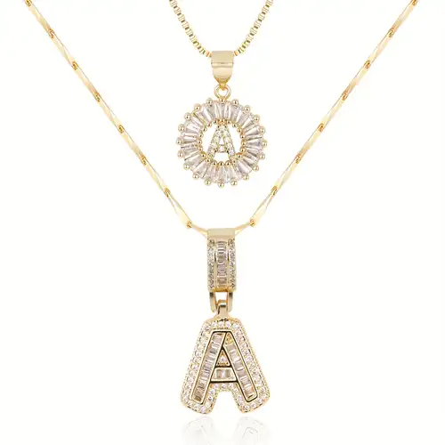 Initial Necklace Set Gold Pave Letter Pendant Layered Jewelry