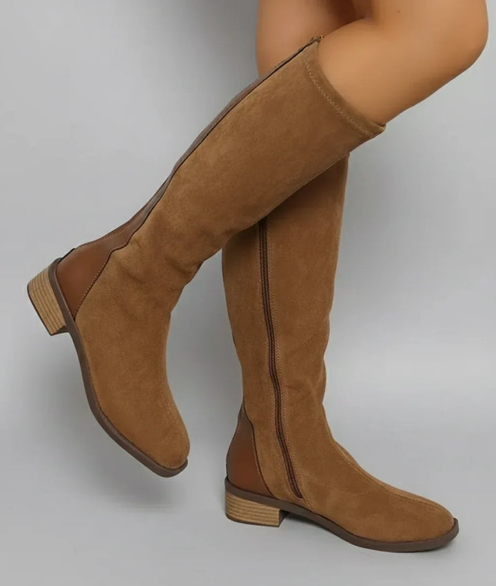 Tan Suede Knee High Boots for Women with Block Heel
