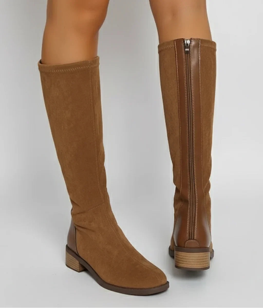 Tan Suede Knee High Boots for Women with Block Heel