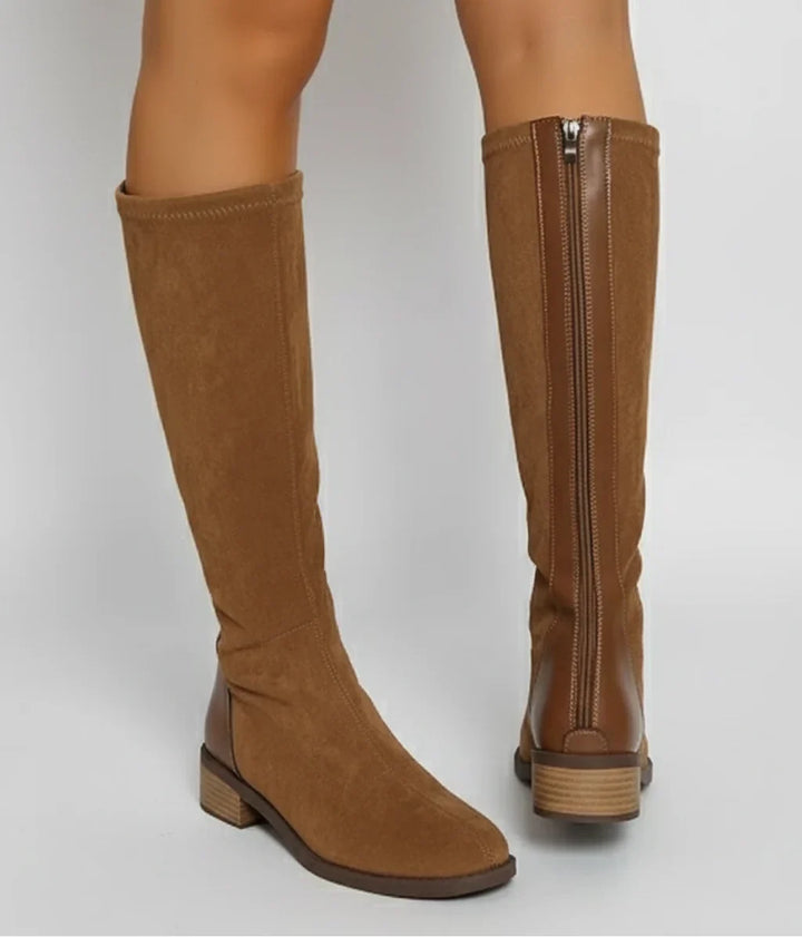 Tan Suede Knee High Boots for Women with Block Heel